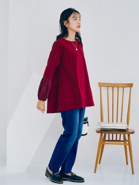 「SMILE LAND（スマイルランド）の＜大きいサイズ＞バレルレッグデニムパンツ（ゆったりヒップ）（デニムパンツ）」を使った、nissen Ladies Modelsさん（レディース・165cm）の秋コーディネート