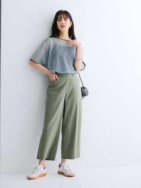 「nissen（ニッセン）の5分袖シアーボーダーゆるシルエットプルオーバー＜大きいサイズ有＞（Tシャツ/カットソー、ブルー系）」を使った、nissen Ladies Modelsさん（レディース・169cm）の夏コーディネート