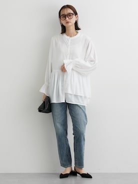 「nissen（ニッセン）のハイウエストストレートデニムパンツ　ノンストレッチジーンズ（デニムパンツ）」を使った、nissen Ladies Modelsさん（レディース・169cm）の夏コーディネート