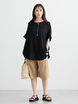「nissen（ニッセン）の楊柳カットソージャガードゆるシルエット5分袖ドルマンプルオーバー（Tシャツ/カットソー、ブラック系）」を使った、nissen Ladies Modelsさん（レディース・174cm）の夏コーディネート