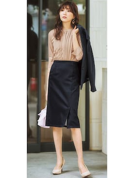 nissen Ladies Modelsさんの「サラサラ裏メッシュ綿混ストレッチミディ丈タイトスカート（接触冷感・吸汗速乾・ストレッチ・UVカット）」を使ったコーディネート