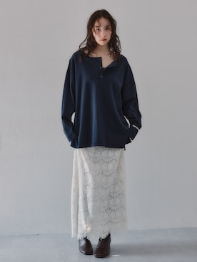「nissen（ニッセン）のヘンリーネック綿１００％ヘビーウェイト長袖Ｔシャツ［Soiunique］（Tシャツ/カットソー、ブルー系）」を使った、nissen Ladies Modelsさん（レディース・174cm）の夏コーディネート