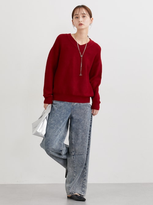 ニット 赤 セール】もちもち素材 ガーター編みVネックニット（ニット/セーター