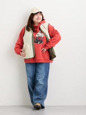 「SMILE LAND（スマイルランド）の＜大きいサイズ＞バレルレッグデニムパンツ（ゆったりヒップ）（デニムパンツ）」を使った、nissen Ladies Modelsさん（レディース・155cm）の秋コーディネート