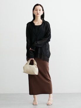 「nissen（ニッセン）のレース切替シアーシャツ（シャツ/ブラウス、ブラック系）」を使った、nissen Ladies Modelsさん（レディース・174cm）の夏コーディネート