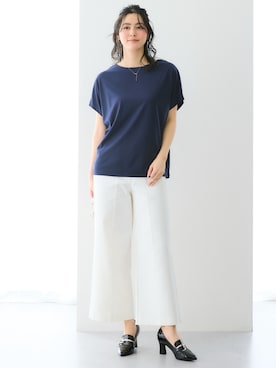 「nissen（ニッセン）のハリ感素材ストレッチワイドパンツ（パンツ、ホワイト系）」を使った、nissen Ladies Modelsさん（レディース・155cm）の春コーディネート
