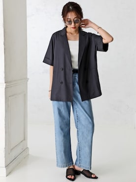 「nissen（ニッセン）のしわになりにくいオーバーサイズ５分袖シャツジャケット（ストレッチ・接触冷感・UVカット）＜大きいサイズ有＞（テーラードジャケット）」を使った、nissen Ladies Modelsさん（レディース・165cm）の春コーディネート