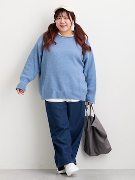 「SMILE LAND（スマイルランド）の＜大きいサイズ＞バレルレッグデニムパンツ（ゆったりヒップ）（デニムパンツ）」を使った、nissen Ladies Modelsさん（レディース・158cm）の秋コーディネート