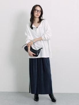 「nissen（ニッセン）の配色プリーツロングスカート［Soiunique］（スカート、グレー系）」を使った、nissen Ladies Modelsさん（レディース・174cm）の夏コーディネート