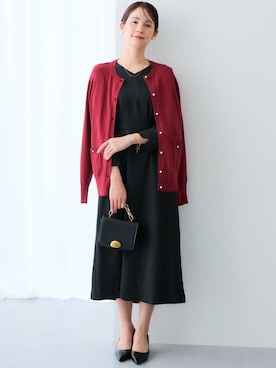 「nissen（ニッセン）の【レディーススーツ】キーネックジャケットアンサンブルスーツ（ジャケット+Vネック八分袖丈フレアワンピース）（スーツセット、ブラック系）」を使った、nissen Ladies Modelsさん（レディース・167cm）の春コーディネート