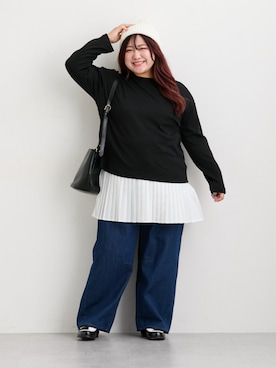 「SMILE LAND（スマイルランド）の＜大きいサイズ＞バレルレッグデニムパンツ（ゆったりヒップ）（デニムパンツ）」を使った、nissen Ladies Modelsさん（レディース・158cm）の秋コーディネート