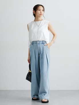 「nissen（ニッセン）のデニムタックバギーパンツ（デニムパンツ）」を使った、nissen Ladies Modelsさん（レディース・160cm）の夏コーディネート