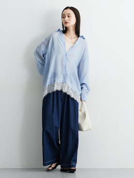 「nissen（ニッセン）の柔らかワイドイージーデニムパンツ（パンツ、ブルー系）」を使った、nissen Ladies Modelsさん（レディース・174cm）の夏コーディネート