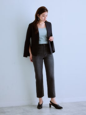 「nissen（ニッセン）のハイウエストストレートデニムパンツ　ノンストレッチジーンズ（デニムパンツ）」を使った、nissen Ladies Modelsさん（レディース・166cm）の夏コーディネート