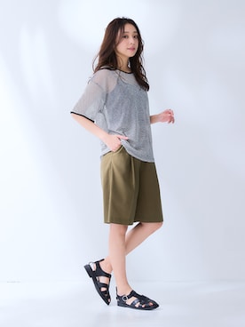 「nissen（ニッセン）の5分袖シアーボーダーゆるシルエットプルオーバー＜大きいサイズ有＞（Tシャツ/カットソー、ホワイト系）」を使った、nissen Ladies Modelsさん（レディース・169cm）の夏コーディネート