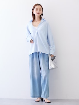 「nissen（ニッセン）の柔らかワイドイージーデニムパンツ（パンツ、ブルー系）」を使った、nissen Ladies Modelsさん（レディース・169cm）の夏コーディネート