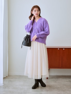「アイテム（カーディガン/ボレロ、パープル系）」を使った、nissen Ladies Modelsさん（レディース・166cm）の秋コーディネート