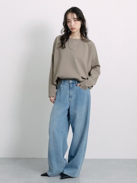 「nissen（ニッセン）のポンチ素材ボートネックコクーンシルエット長袖Ｔシャツ［Soiunique］（Tシャツ/カットソー、ベージュ系）」を使った、nissen Ladies Modelsさん（レディース・174cm）の夏コーディネート