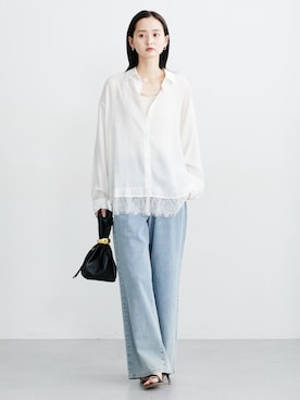 「nissen（ニッセン）のレース切替シアーシャツ（シャツ/ブラウス、ホワイト系）」を使った、nissen Ladies Modelsさん（レディース・174cm）の夏コーディネート