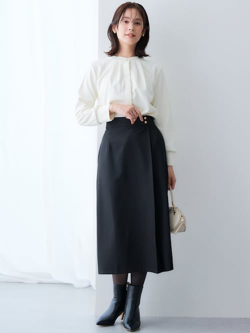 トップス　ブラック　即日発送 セール】【裏側起毛であったか】フロントタックトップス<大きいサイズ