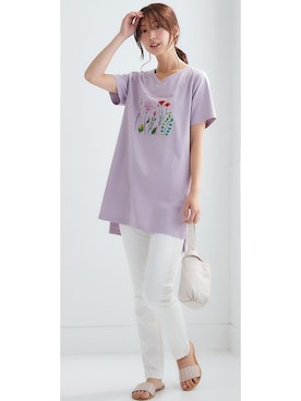 「夏コーデ」｜「アイテム（チュニック、パープル系）」を使った、nissen Ladies Modelsさん（レディース・162cm）の春コーディネート