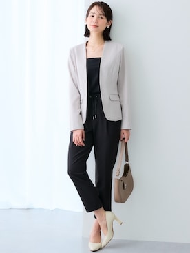 「7days Life Styling（セブンデイズライフスタイリング）のドビー素材セットアップアンサンブルスーツ（ノーカラージャケット＋共リボン付キーネックワンピース）（スーツセット、ベージュ系）」を使った、nissen Ladies Modelsさん（レディース・167cm）の春コーディネート