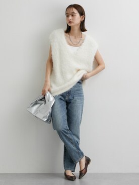 「nissen（ニッセン）のハイウエストストレートデニムパンツ　ノンストレッチジーンズ（デニムパンツ）」を使った、nissen Ladies Modelsさん（レディース・169cm）の夏コーディネート