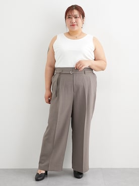 「nissen（ニッセン）の麻調合繊共布ベルト付ワイドパンツ（しわになりにくい・接触冷感・ＵＶカット・ウォッシャブル）<大きいサイズ有>（パンツ、ブラウン系）」を使った、nissen Ladies Modelsさん（レディース・155cm）の春コーディネート