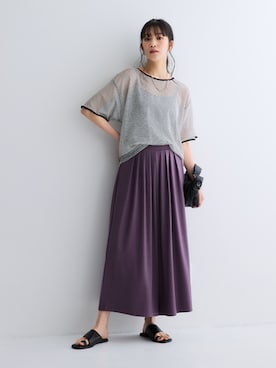 「nissen（ニッセン）の【接触冷感】さらひやカットソーワイドパンツ（選べる２レングス）（パンツ、パープル系）」を使った、nissen Ladies Modelsさん（レディース・169cm）の夏コーディネート