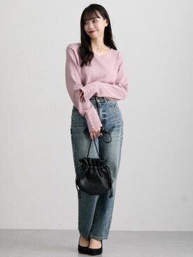「nissen（ニッセン）のハイウエストストレートデニムパンツ　ノンストレッチジーンズ（デニムパンツ）」を使った、nissen Ladies Modelsさん（レディース・153cm）の冬コーディネート