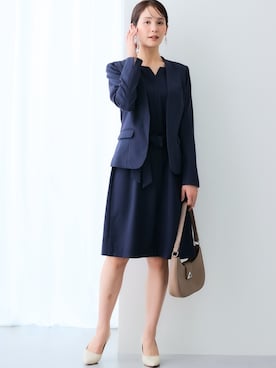 「7days Life Styling（セブンデイズライフスタイリング）のドビー素材セットアップアンサンブルスーツ（ノーカラージャケット＋共リボン付キーネックワンピース）（スーツセット、ブルー系）」を使った、nissen Ladies Modelsさん（レディース・167cm）の春コーディネート