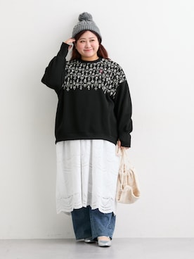 「SMILE LAND（スマイルランド）の＜大きいサイズ＞バレルレッグデニムパンツ（ゆったりヒップ）（デニムパンツ）」を使った、nissen Ladies Modelsさん（レディース・158cm）の秋コーディネート