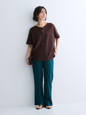 「nissen（ニッセン）のシャイニークレーププルオーバー＜大きいサイズ有＞（Tシャツ/カットソー、ブラウン系）」を使った、nissen Ladies Modelsさん（レディース・169cm）の夏コーディネート