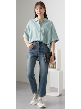 「nissen（ニッセン）のとろみ素材　胸ポケットオープンカラ―シャツ（シャツ/ブラウス）」を使った、nissen Ladies Modelsさん（レディース・165cm）の春コーディネート