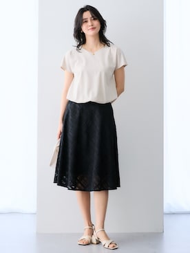 「nissen（ニッセン）のシアーチェックフレアスカート（スカート、ブラック系）」を使った、nissen Ladies Modelsさん（レディース・155cm）の春コーディネート