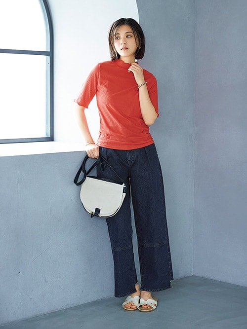 細リブハイネック5分袖カットソートップス（Tシャツ/カットソー