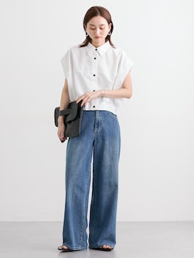 「nissen（ニッセン）のブロードコクーンシャツ［Soiunique］（シャツ/ブラウス、ホワイト系）」を使った、nissen Ladies Modelsさん（レディース・169cm）の夏コーディネート