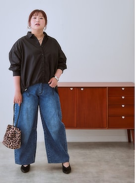 「SMILE LAND（スマイルランド）の＜大きいサイズ＞バレルレッグデニムパンツ（ゆったりヒップ）（デニムパンツ）」を使った、nissen Ladies Modelsさん（レディース・160cm）の夏コーディネート