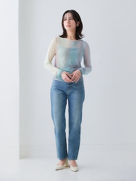 「nissen（ニッセン）のハイウエストストレートデニムパンツ　ノンストレッチジーンズ（デニムパンツ）」を使った、nissen Ladies Modelsさん（レディース・160cm）の夏コーディネート