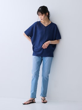 「nissen（ニッセン）のシャイニークレーププルオーバー＜大きいサイズ有＞（Tシャツ/カットソー、ブルー系）」を使った、nissen Ladies Modelsさん（レディース・169cm）の夏コーディネート