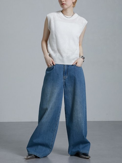PEOPLESTYLE 無地 ルーズ 変形シルエット デニムパンツ ホワイト LOOSE FIT WIDEDENIM/ルーズフィットワイドデニム（デニムパンツ