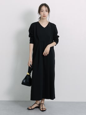 「nissen（ニッセン）のポンチ素材Ｖネックロングワンピース［Soiunique］（ワンピース、ブラック系）」を使った、nissen Ladies Modelsさん（レディース・174cm）の夏コーディネート