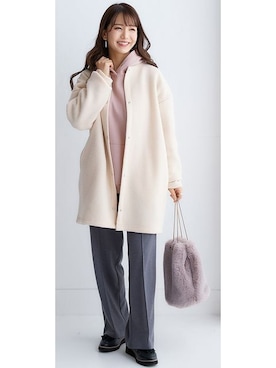 「レギュラー」｜「アイテム（ノーカラーコート）」を使った、nissen Ladies Modelsさん（レディース・158cm）の秋コーディネート