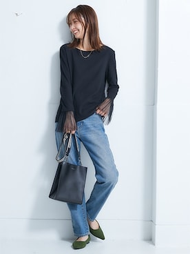 「nissen（ニッセン）のハイウエストストレートデニムパンツ　ノンストレッチジーンズ（デニムパンツ）」を使った、nissen Ladies Modelsさん（レディース・162cm）の夏コーディネート