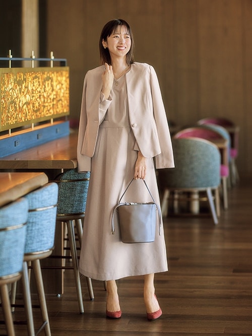 洗える」キーネックジャケットアンサンブルスーツ（ジャケット+Vネック  