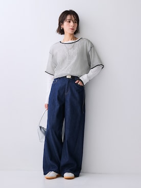 「nissen（ニッセン）の5分袖シアーボーダーゆるシルエットプルオーバー＜大きいサイズ有＞（Tシャツ/カットソー、ホワイト系）」を使った、nissen Ladies Modelsさん（レディース・169cm）の夏コーディネート