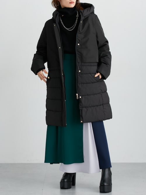 撥水・防風ラミネート加工】裾異素材切替ファイバーダウンコート