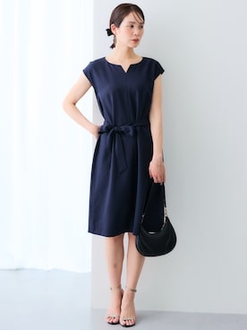 「7days Life Styling（セブンデイズライフスタイリング）のドビー素材セットアップアンサンブルスーツ（ノーカラージャケット＋共リボン付キーネックワンピース）（スーツセット、ブルー系）」を使った、nissen Ladies Modelsさん（レディース・167cm）の春コーディネート