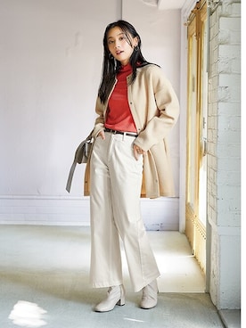 「レギュラー」｜「アイテム（ノーカラーコート）」を使った、nissen Ladies Modelsさん（レディース・162cm）の冬コーディネート