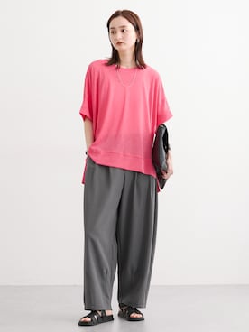 「nissen（ニッセン）のタックデザインシアースラブ半袖トップス［Soiunique］（Tシャツ/カットソー、ピンク系）」を使った、nissen Ladies Modelsさん（レディース・169cm）の夏コーディネート